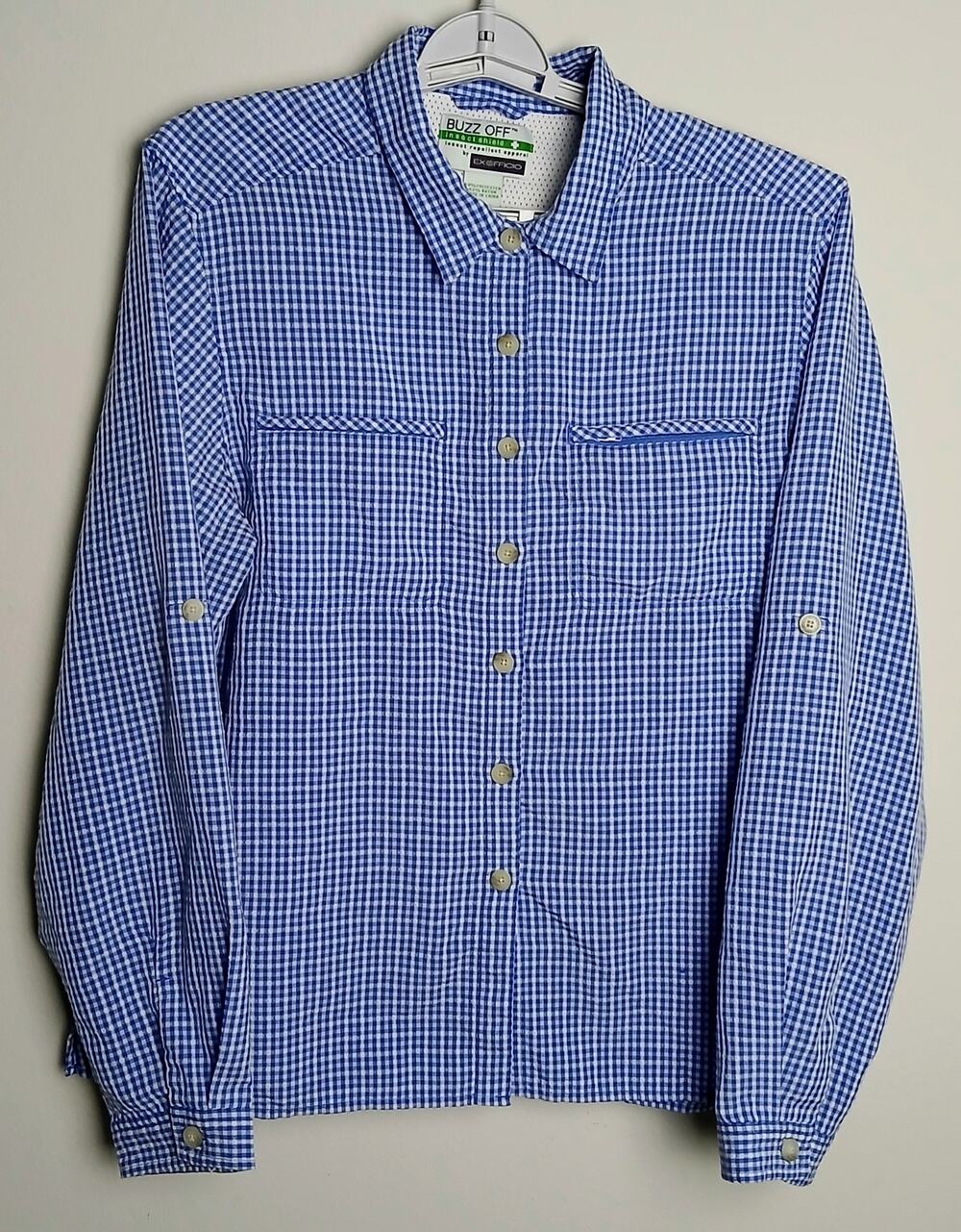 ExOfficio Buzz Off Insect Shield Shirt Womens XL Gingham Plaid Hiking Vented LS